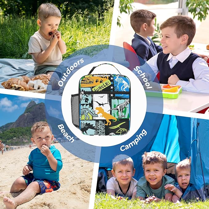 Clastyle Black Dinosaur Insulated Lunch Bag for Kids, Portable Large Thermal Cooler Lunch Bag for Boys, School Lunch Box Bag with Bottle Holder