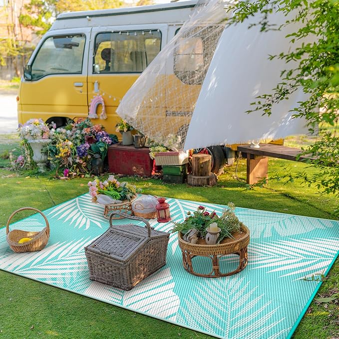 GENIMO Outdoor Rug 9' x 12' Waterproof for Patios Clearance, Reversible Outdoor Plastic Straw Camping Rug Carpet, Large Area Rugs Mats for RV, Camper, Deck, Balcony, Porch, Beach, Aqua Blue&White