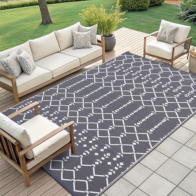 Smiry Outdoor Rug 9x12 ft, Waterproof Reversible Plastic Straw Rugs, Boho Outdoor Area Rug, Outside Floor Mat for Patio, Backyard, Deck, Picnic, Beach, Camping, Grey