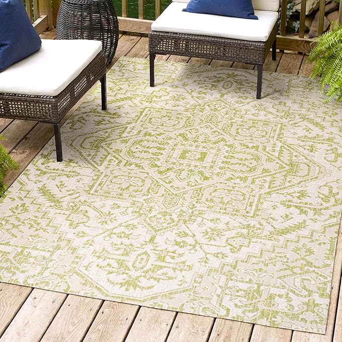 JONATHAN Y SMB105E-5 Estrella Bohemian Medallion Textured Weave Indoor Outdoor Area Rug, Coastal,Traditional,Transitional Easy Clean,Bedroom,Kitchen,Backyard,Patio, Non-Shed, Cream/Green, 5 X 8