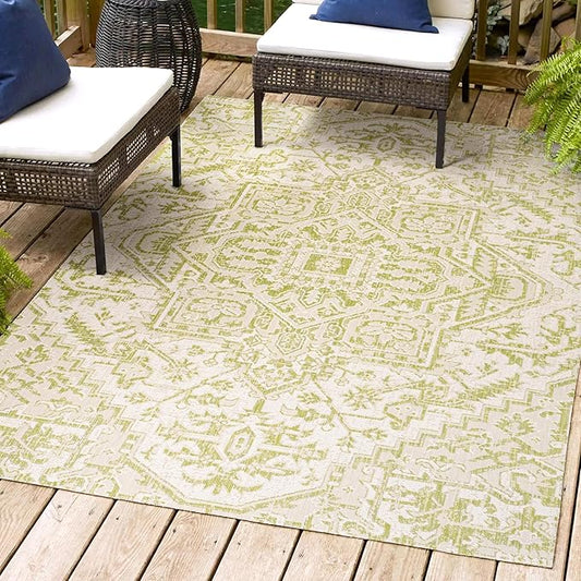JONATHAN Y SMB105E-5 Estrella Bohemian Medallion Textured Weave Indoor Outdoor Area Rug, Coastal,Traditional,Transitional Easy Clean,Bedroom,Kitchen,Backyard,Patio, Non-Shed, Cream/Green, 5 X 8