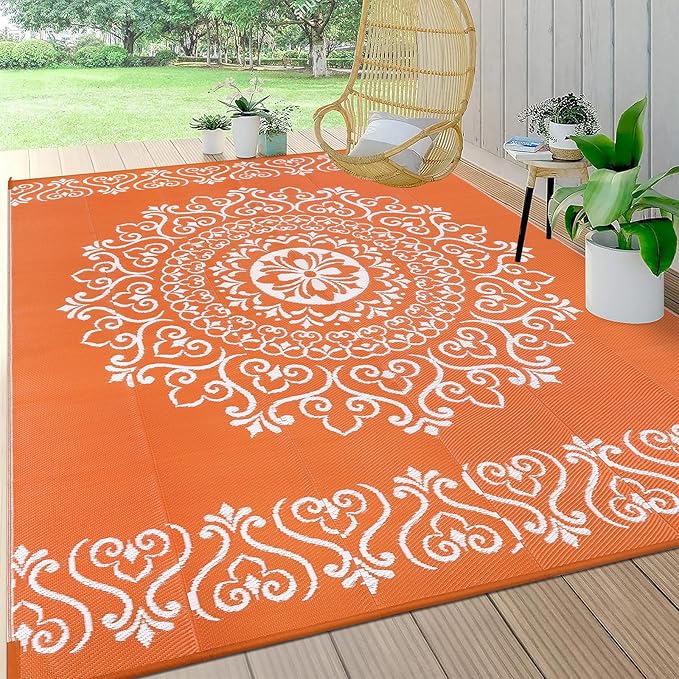 Pauwer Waterproof Outdoor Rug 8x10, Reversible Plastic Straw Patio Camping Rug, Indoor Outdoor RV Mat Carpet for Deck, Camper, Porch, Balcony, Backyard, Picnic, Floral Orange