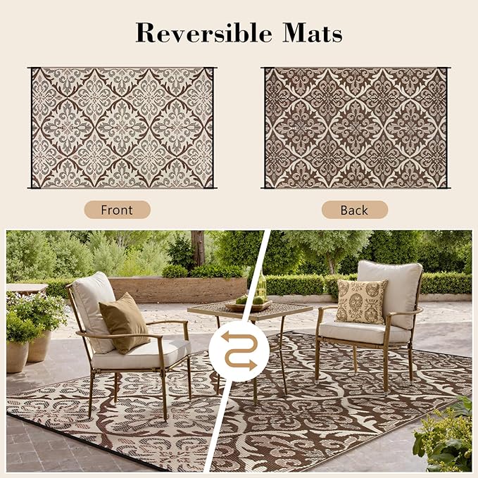 Lahome Outdoor Area Rugs 8x10 Patio Waterproof, Reversible Plastic Straw Rv Outdoor Rugs for Camping, Large Indoor Outdoor Carpet for Porch Deck Backyard Camper Picnic, Khaki 8'x10'