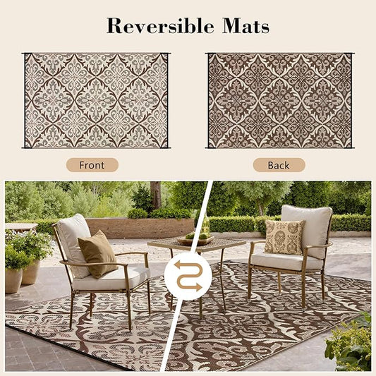Lahome 6x9 Outdoor Rugs for Patios Waterproof, Plastic Straw Portable Reversible Rv Rug, Porch Floor Camping Carpet for Balcony Tent, Khaki 6'x9'