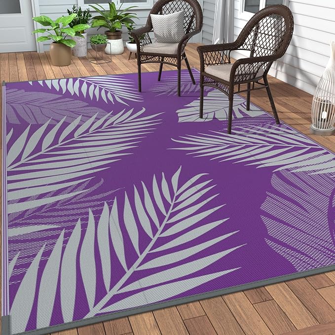 GENIMO Outdoor Rug 6' x 9' Waterproof for Patios Clearance, Reversible Plastic Straw Camping Carpet, Large Area Rugs Mats for RV, Picnic, Backyard, Deck, Balcony, Porch, Beach, Purple&Grey