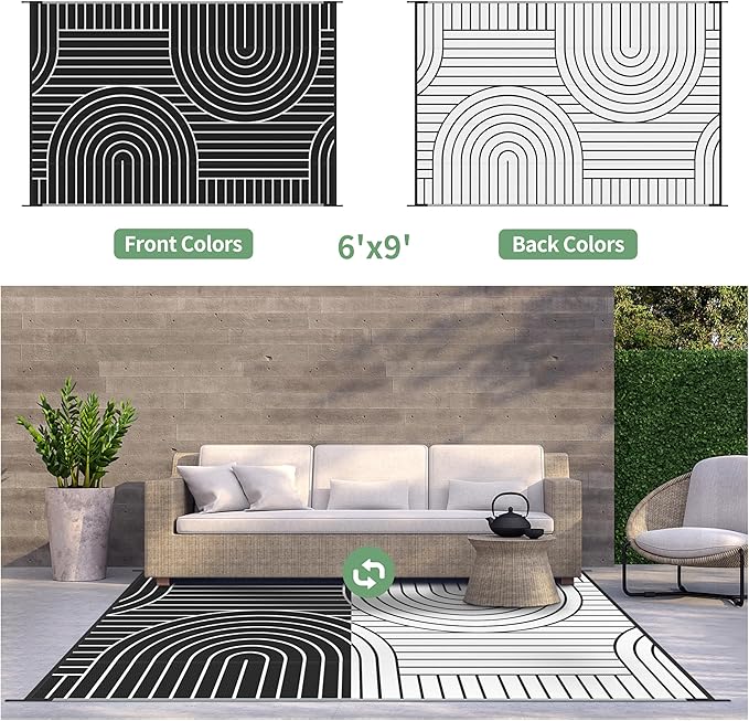 GENIMO Outdoor Rug 6'x9' Patio Waterproof, Lightweight Outdoor Plastic Straw Rug Clearance, Reversible Camping Mat Outdoor Carpet for RV, Picnic, Backyard, Deck, Balcony, Porch, Black & White