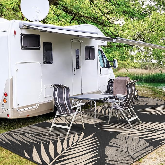 GENIMO Outdoor Rug 9' x 18' Waterproof for Patios Clearance, Reversible Outdoor Plastic Straw Camping Rug Carpet, Large Area Rugs Mats for RV, Camper, Deck, Balcony, Porch, Beach, Picnic, Black&Beige