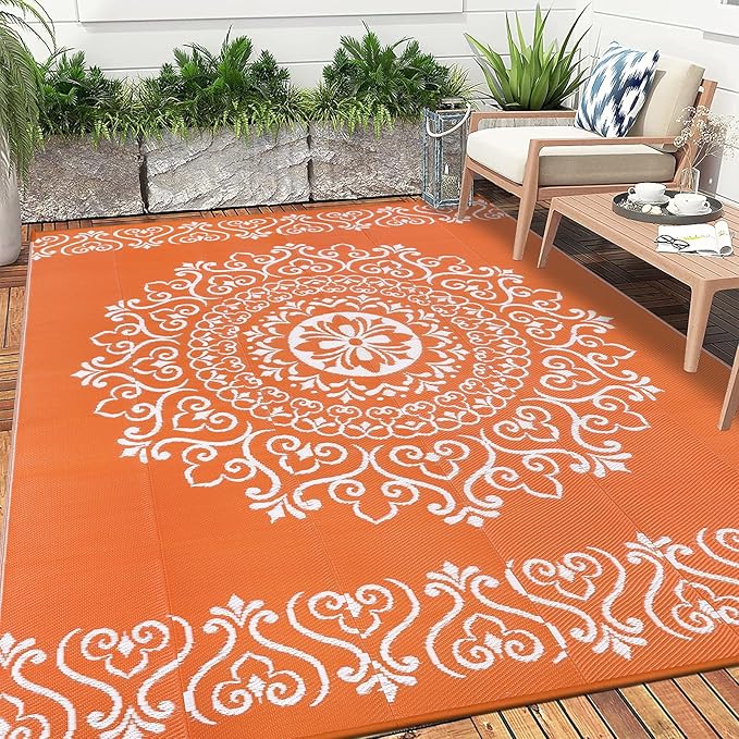 Pauwer Waterproof Outdoor Rug 6x9, Reversible Plastic Straw Patio Camping Rug, Indoor Outdoor RV Mat Carpet for Deck, Camper, Porch, Balcony, Backyard, Picnic, Floral Orange