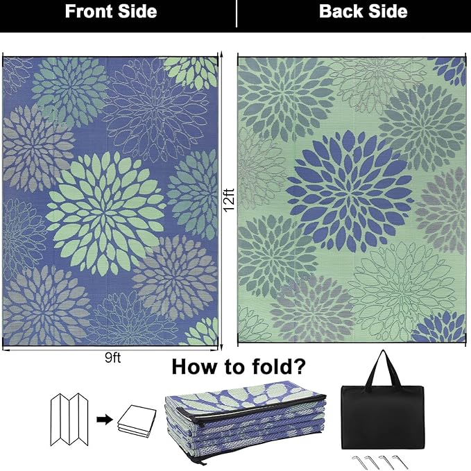 Ileading Reversible Outdoor Rug 9x12Ft Waterproof Patio Rug Carpet Portable Outdoor Plastic Straw Rug Large RV Camping Mat Rug for Patio, Clearance, Deck, Beach, Porch, Camping, Picnic, Colorful