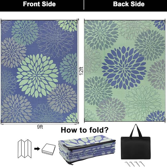 Ileading Reversible Outdoor Rug 9x12Ft Waterproof Patio Rug Carpet Portable Outdoor Plastic Straw Rug Large RV Camping Mat Rug for Patio, Clearance, Deck, Beach, Porch, Camping, Picnic, Colorful