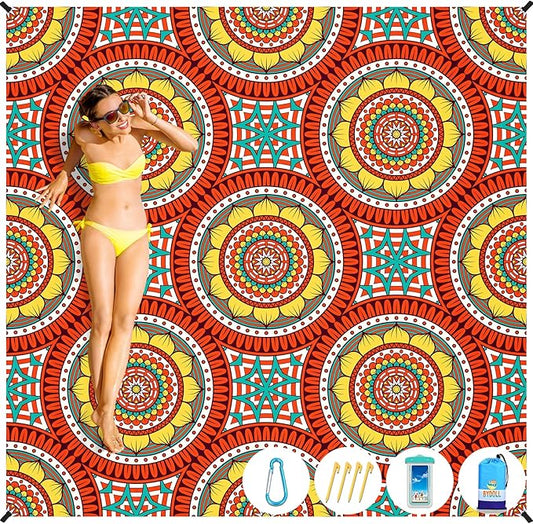 BYDOLL Beach Blanket Waterproof Sandproof 78''×81'' Suits1-4 Adults Compact Lightweight Oversized Sand-Free Blanket Large Picnic Mat for Beach Travel Camping Hiking