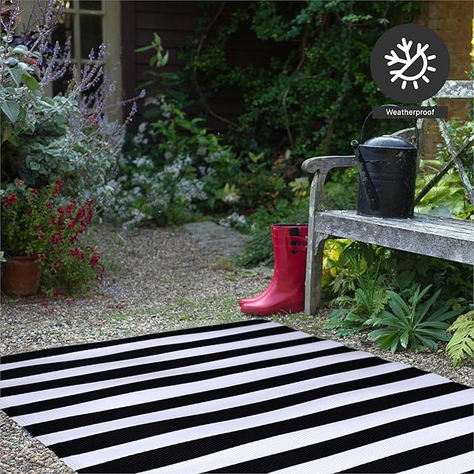 FH Home Outdoor Camping Rug - Waterproof, Fade Resistant, Reversible - Premium Recycled Plastic - Striped - Large Patio, Deck, Sunroom, RV - Brittany Stripe - Black & White - 9 x 12 ft Foldable