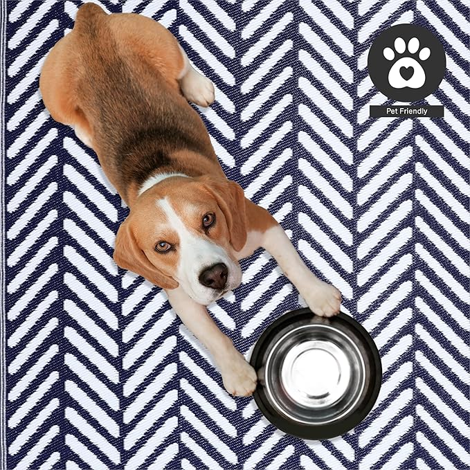 FH Home Outdoor Rug - Waterproof, Fade Resistant, Reversible - Premium Recycled Plastic - Herringbone - Patio, Porch, Deck, Balcony - Fresno - Navy Crease Free - 5 x 8 ft