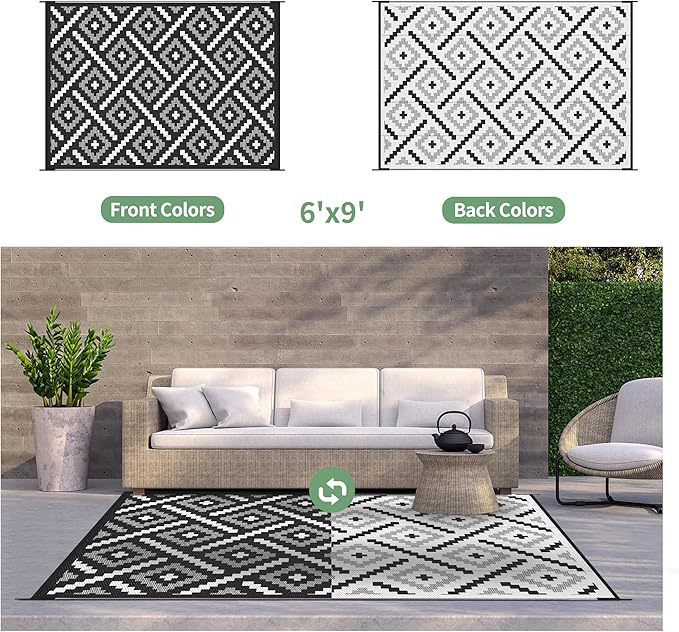 GENIMO Outdoor Rug for Patio Clearance, 6'x9' Waterproof Camping Mat, Reversible Plastic Straw Rugs for RV, Camper, Balcony, Backyard, Picnic, Deck (Mix Black White)