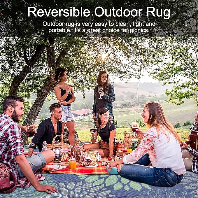 Ileading Reversible Outdoor Rug 9x12Ft Waterproof Patio Rug Carpet Portable Outdoor Plastic Straw Rug Large RV Camping Mat Rug for Patio, Clearance, Deck, Beach, Porch, Camping, Picnic, Colorful