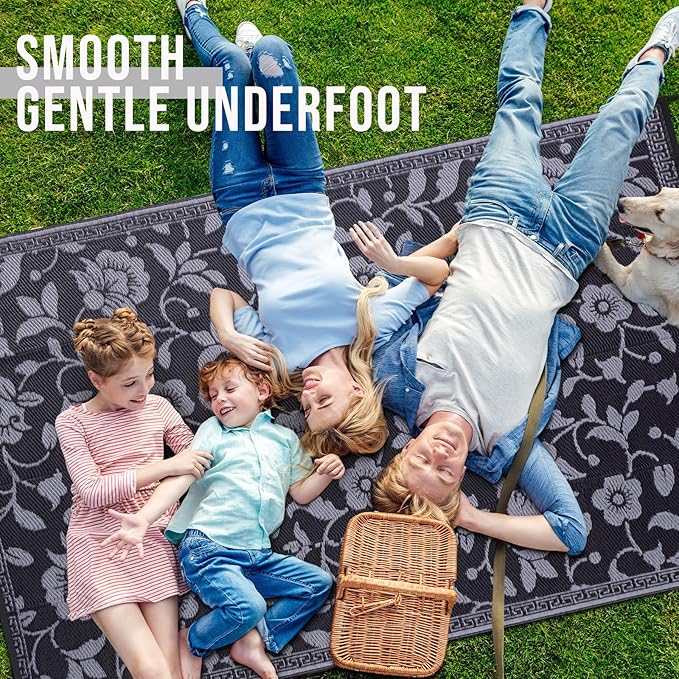 OLANLY Waterproof Outdoor Rug 6x9 ft, Outdoor Plastic Straw Rug with Flower Pattern, Reversible RV Mat for Patio, Camping, Balcony, Deck, Backyard, Black & Grey