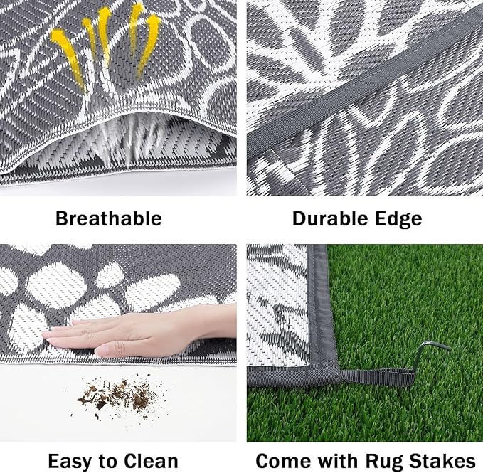 Ileading Reversible Outdoor Rug 6x9Ft Waterproof Patio Rug Carpet Portable Outdoor Plastic Straw Rug Large RV Camping Mat Rug for Patio, Clearance, Deck, Beach, Porch, Camping, Picnic, Flower Grey