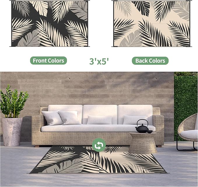 GENIMO Outdoor Rug 3' x 5' Waterproof for Patios Clearance, Reversible Outdoor Plastic Straw Camping Rug Carpet, Large Area Rugs Mats for RV, Camper, Deck, Balcony, Porch, Beach, Picnic, Black&Beige