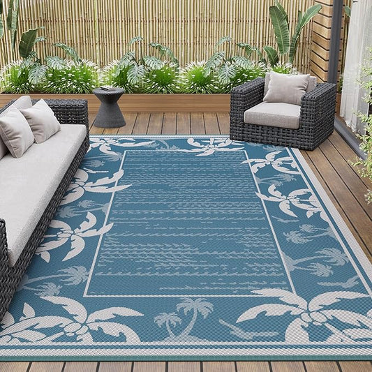 COCOER Outdoor-Rug 8x10 ft Waterproof Reversible Outdoor Plastic Straw Rug RV Indoor Outdoor Carpet Quick Dry Patio Rug Camping Mat for Balcony Backyard Picnic Beach-Blue&White