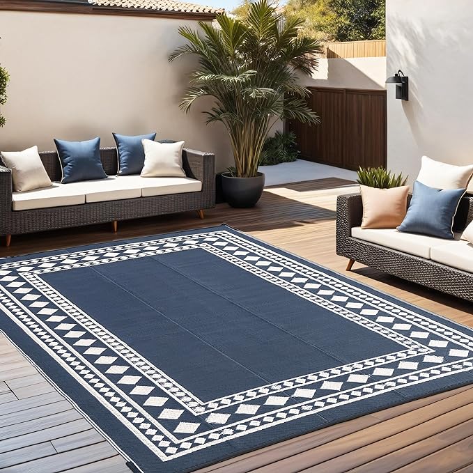 RURALITY Outdoor Rugs 5x8 Waterproof for Patios Clearance,Plastic Straw Mats for Backyard,Porch,Deck,Balcony,Black and Beige