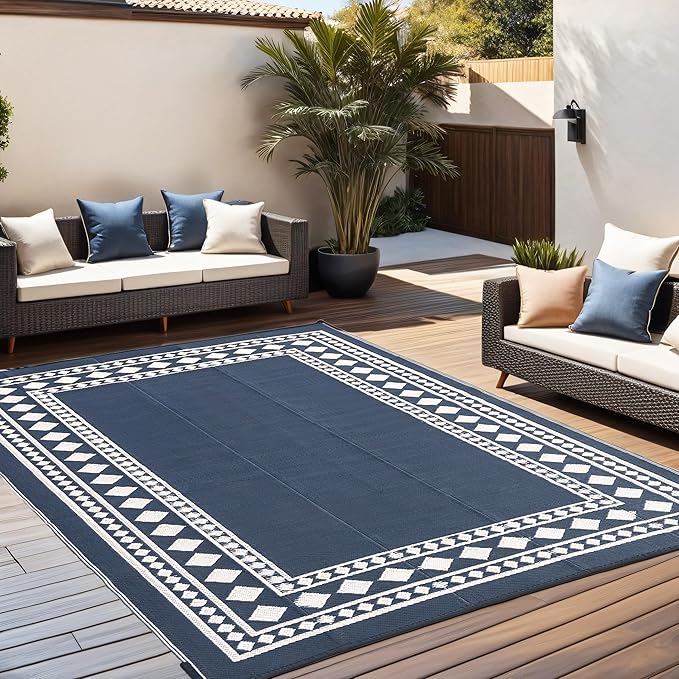 RURALITY Outdoor Rugs 6x9 Waterproof for Patios Clearance,Plastic Straw Mats for Backyard,Porch,Deck,Balcony,Black and Beige