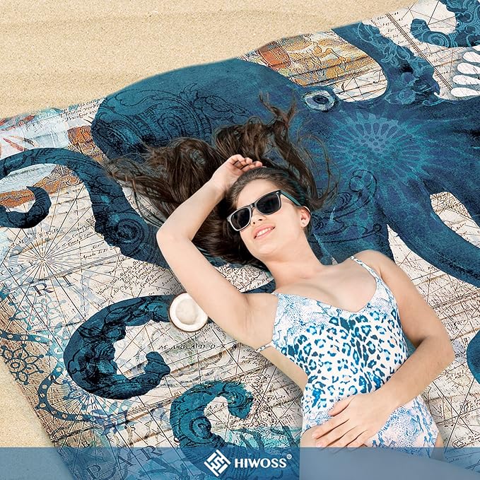 Beach Blanket Waterproof Sandproof Oversized 95”x 80”,Sand Free Beach Mat with Corner Pockets,Portable Mesh Bag for Beach Festival,Picnic,Travel and Outdoor Camping (Octopus)