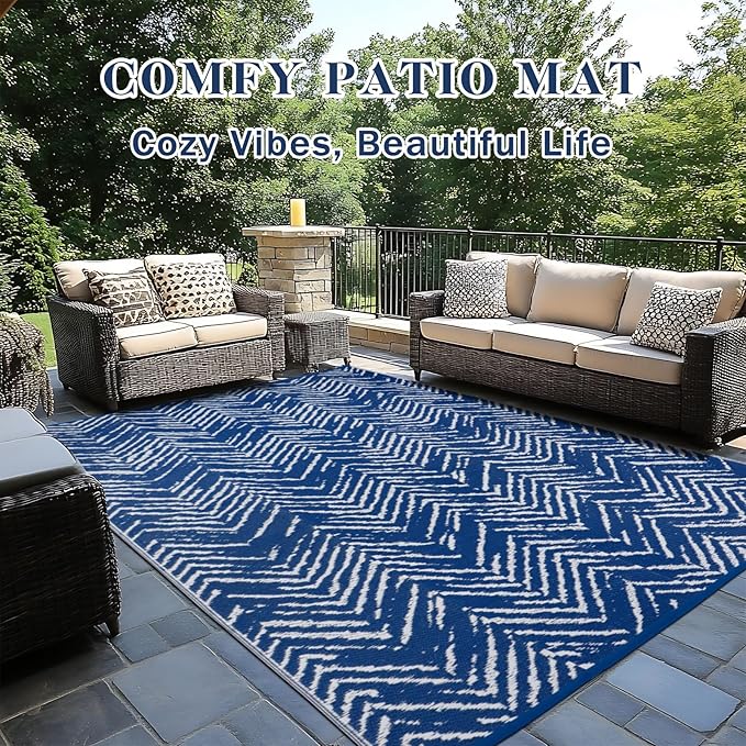 Outdoor Patio Rug 5x8 Navy Blue, Waterproof Reversible Outdoor Plastic Straw Rugs RV Camping Mat UV-Resistant Outside Carpet Portable Area Mats for Garden Balcony Deck Picnic Beach