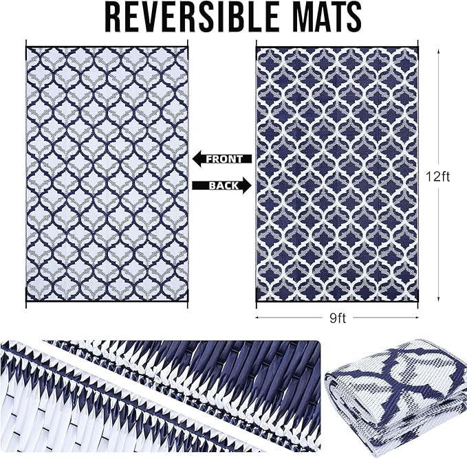 OLANLY Reversible Outdoor Rug 9x12 ft Clearance, Waterproof Outdoor Plastic Straw Rug with Interlacing Pattern, RV Mat for Patio, Camping, Balcony, Deck, Backyard, Navy & White