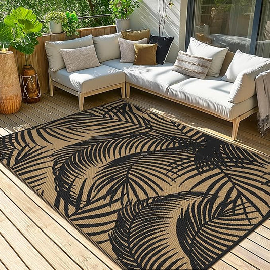 GENIMO Outdoor Rug 8' x 10' Waterproof for Patio Clearance, Reversible Plastic Straw Camping Carpet, Lightweight Mats for Rv, Backyard, Deck, Porch, Picnic, Beach, Balcony, Black & Brown