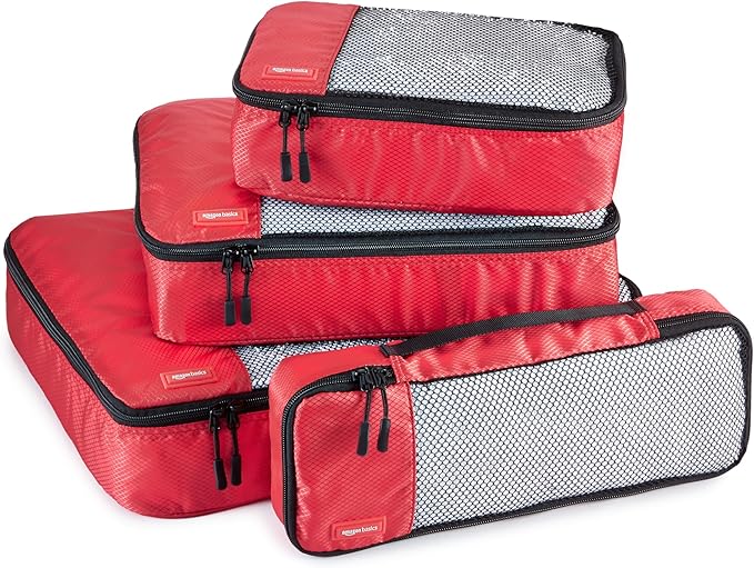 Amazon Basics Packing Cubes for Travel, Packing Organizers Set, 4-Piece-Set (Slim, Small, Medium, Large) With Double Zipper Pulls and Mesh Top Panel, 100% Durable Polyester, Red