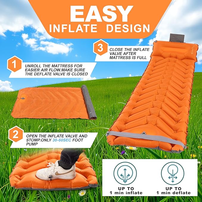 Sleeping Pad with Pillow, Self Inflating Extra-Thick, Ultralight Sleeping Mat, Built-in Pump, Ultimate for Camping, Hiking, Traveling, Airpad, Carry Bag, Compact & Lightweight Air Mattress (Orange)