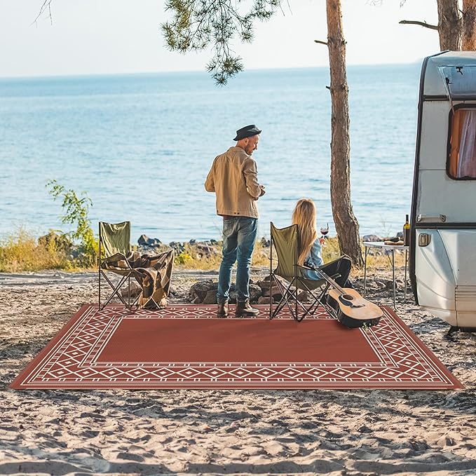 GENIMO Outdoor Rug Waterproof 6'x9' for Patio, Foldable Reversible Plastic Straw Carpet for Travel Trailers, Outside Area Mat for Rv, Deck, Picnic, Porch, Camper, Balcony, Beach, Brick Red