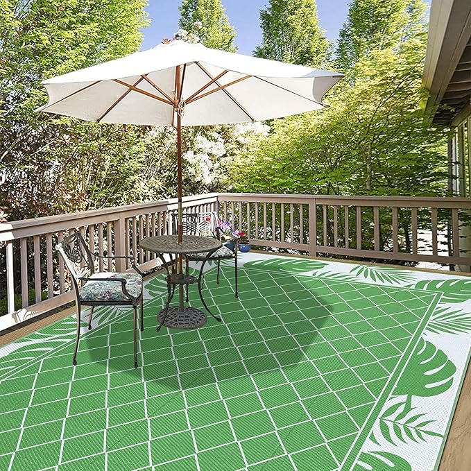 Ileading Outdoor Rug Carpet for Patio 8'x10' Waterproof Reversible Plastic Straw Rug Portable Outside Area Rug Camping Mat for Patio, Clearance, Balcony, Picnic, Pool, Beach, RV, Deck, Green