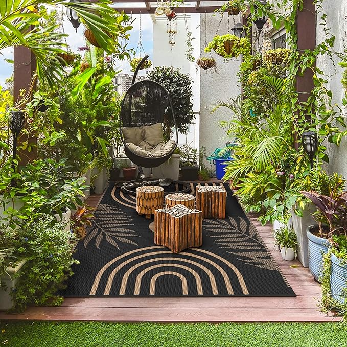 GENIMO Outdoor Rug 5' x 8' Waterproof for Patios Clearance, Reversible Outdoor Plastic Straw Camping Rug Carpet, Large Area Rugs Mats for RV, Camper, Deck, Balcony, Porch, Beach, Picnic, Black&Brown