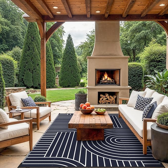 GENIMO Outdoor Rug 6'x9' Patio Waterproof, Lightweight Outdoor Plastic Straw Rug Clearance, Reversible Camping Mat Outdoor Carpet for RV, Picnic, Backyard, Deck, Balcony, Porch, Blue & White