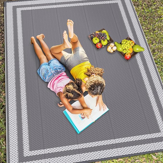 HappyTrends,Outdoor Rug,Patio Rug,Reversible Portable Plastic Straw Rug,Camping Rugs for Outside RV,Large Waterproof Area Rugs for Patio,Deck,Picnic,Porch,Balcony(6'x 9',White&Gray)