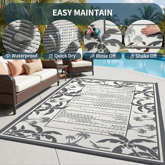 COCOER Outdoor-Rug 5x8 ft Waterproof Reversible Outdoor Plastic Straw Rug RV Indoor Outdoor Carpet Quick Dry Patio Rug Camping Mat for Balcony Backyard Picnic Beach-Grey&Beige