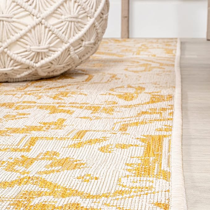 JONATHAN Y SMB105H-210 Estrella Bohemian Medallion Textured Weave Indoor Outdoor Runner Rug, Coastal,Traditional,Transitional Easy Clean,Bedroom,Kitchen,Backyard,Patio, Non-Shed, Cream/Yellow, 2 X 10