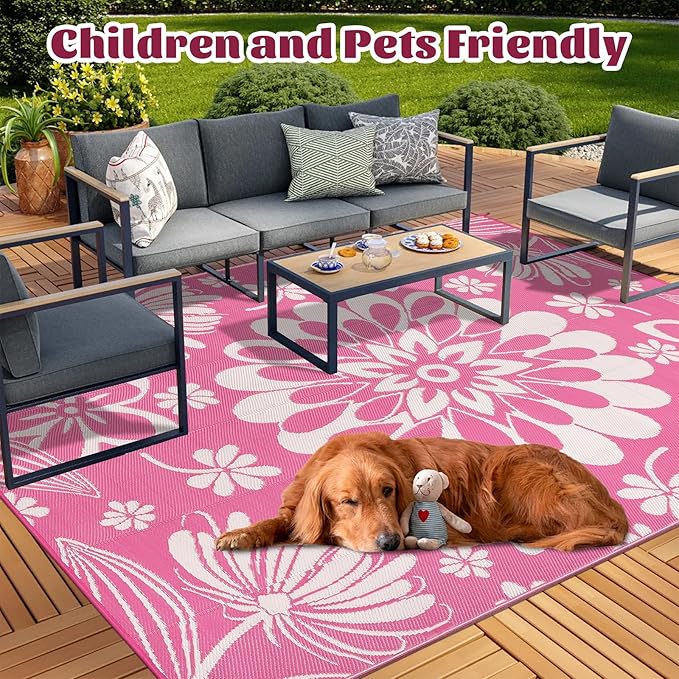 Ileading Outdoor Plastic Straw Rug 9x12ft Funny Floral Style Reversible Patio Area Rugs Waterproof Non Shedding Portable Carpets Large RV Rugs for Outside Deck Pool Beach Picnic Camping (Pink)