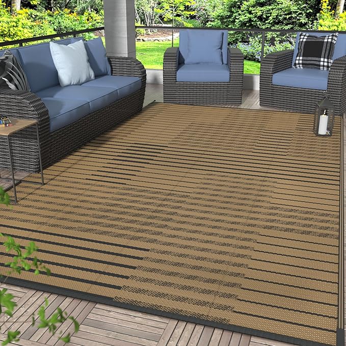 GENIMO Outdoor Rug for Patio Clearance, 6'x9' Waterproof Camping Mat, Reversible Plastic Straw Rugs for RV, Camper, Balcony, Backyard, Picnic, Deck (Black Brown)