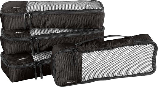 Amazon Basics Slim Packing Cubes for Travel, Packing Organizers, 4-Piece-Set With Double Zipper Pulls and Mesh Top Panel, 100% Durable Polyester, Black, 14"L x 5"W x 3"H