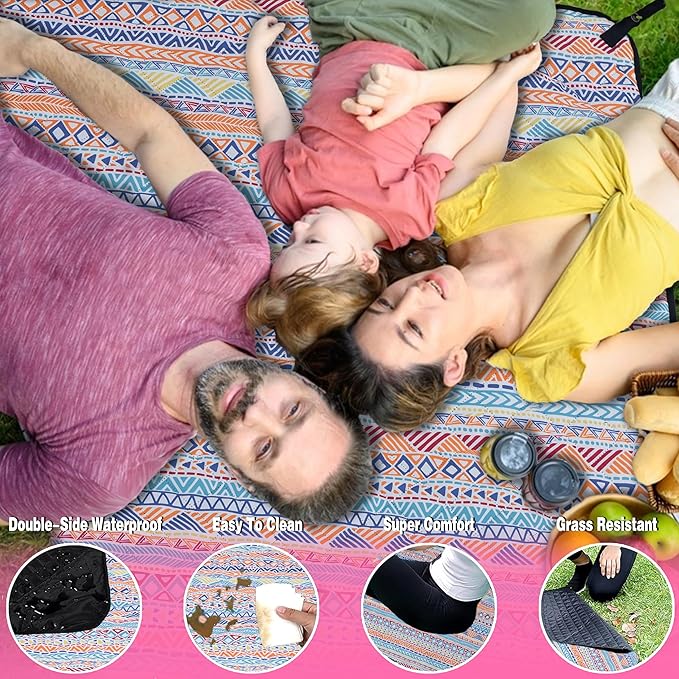 PY SUPER MODE Picnic Blankets Extra Large with Pergola, Orange Boho Waterproof Foldable Outdoor Beach Blanket Oversized 83x79” Sandproof, 3-Layer Picnic Mat for Camping, Hiking, Travel, Park