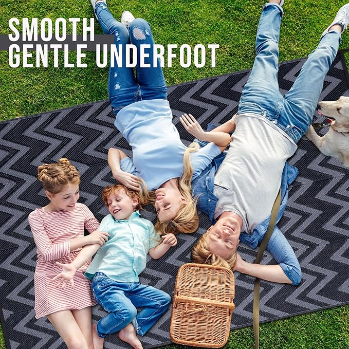 OLANLY Waterproof Outdoor Rug 6x9 ft Clearance, Reversible Outdoor Plastic Straw Rug, RV Mat, Indoor Outdoor Carpet for Patio, Camping, Balcony, Deck, Backyard, Black & Grey