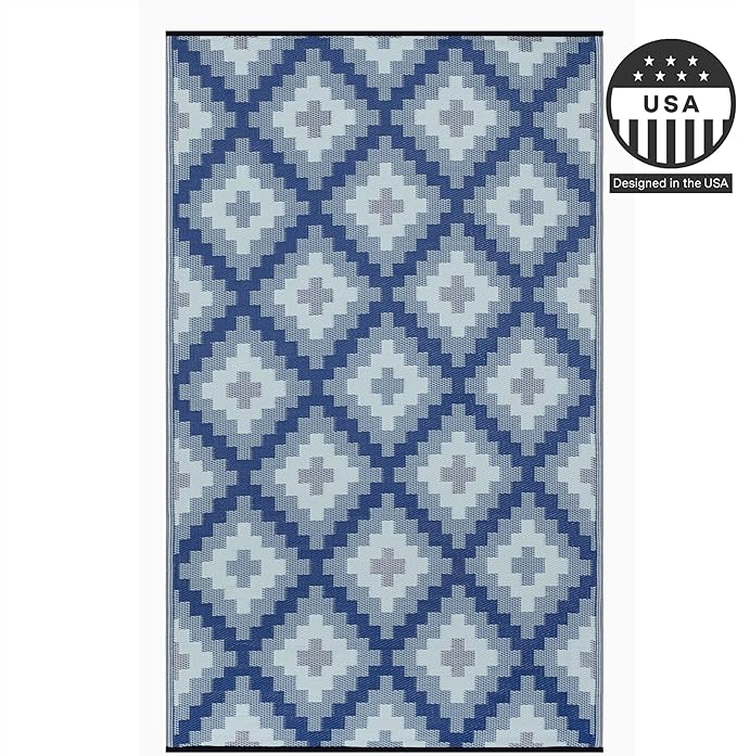 FH Home Outdoor Rug - Waterproof, Fade Resistant, Reversible - Premium Recycled Plastic - Geometric - Patio, Deck, Porch, Balcony, Laundry Room - Aztec Kilim - Blue Multi Crease Free - 5 x 8 ft