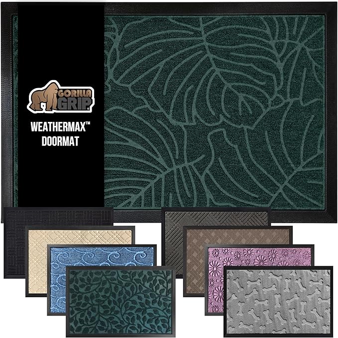 GORILLA GRIP 100% Waterproof All-Season WeatherMax Doormat, 72x24 Runner, Durable Natural Rubber, Stain and Fade Resistant, Low Profile, Indoor Outdoor Door Mats, Easy Clean Entrance Mat, Green Palm