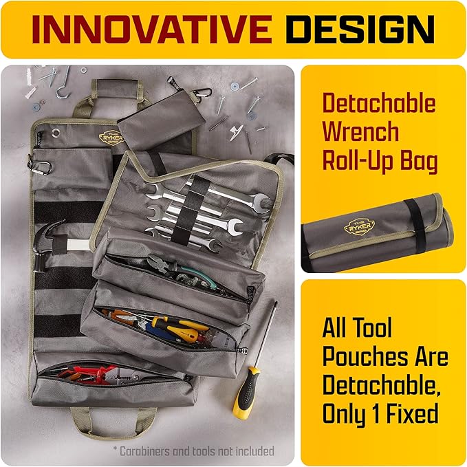The Ryker PRO Official Roll Up Tool Bag Organizer Gifts for Dad. Motorcycle Tool Bag Organizer for Mechanic & Tools Storage Toolbag Tools Bags Mens gifts for him - w/4 Detachable Pouches & Wrench Roll
