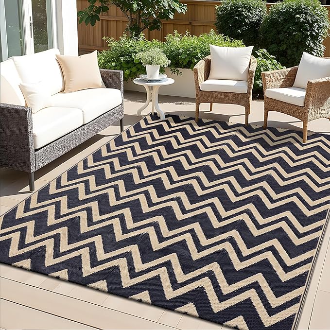 OLANLY Waterproof Outdoor Rug 5x8 ft Clearance, Reversible Outdoor Plastic Straw Rug, RV Mat, Indoor Outdoor Carpet for Patio, Camping, Balcony, Deck, Backyard, Black & Beige