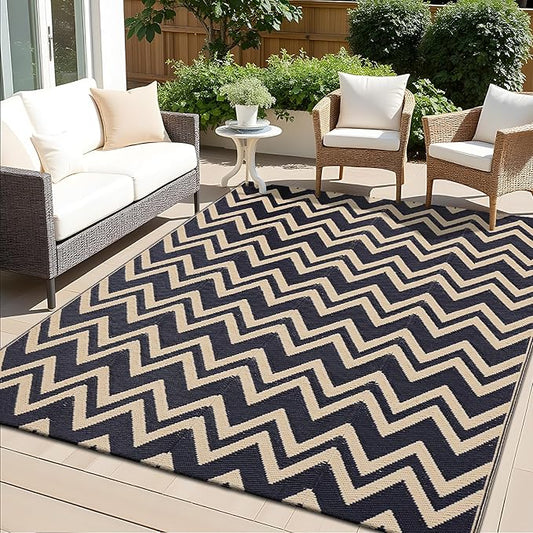 OLANLY Waterproof Outdoor Rug 5x8 ft Clearance, Reversible Outdoor Plastic Straw Rug, RV Mat, Indoor Outdoor Carpet for Patio, Camping, Balcony, Deck, Backyard, Black & Beige