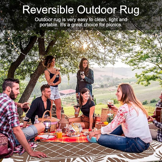 Ileading Outdoor Rug Carpet for Patio 5' x7' Waterproof Reversible Plastic Straw Rug Portable Outside Area Rug Camping Mat for Patio, Clearance, Balcony, Picnic, Pool, Beach, RV, Deck, Leaf Brown