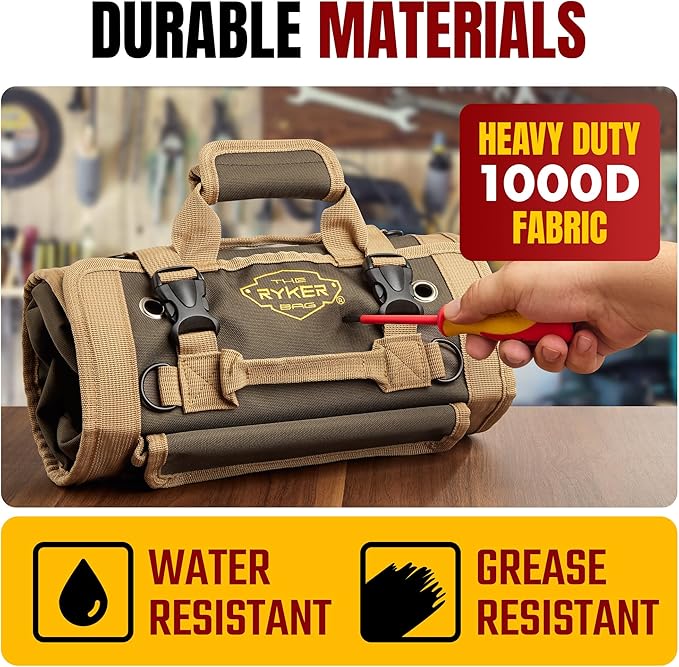 The Ryker Roll Up Tool Bag Organizer Gifts for him Heavy Duty Motorcycle Tool Roll Bag Organizer Portable Rollup Toolbag w/Accessible Pouches - Mens gifts for Dad, Mechanic & Electrician (AP-TR)